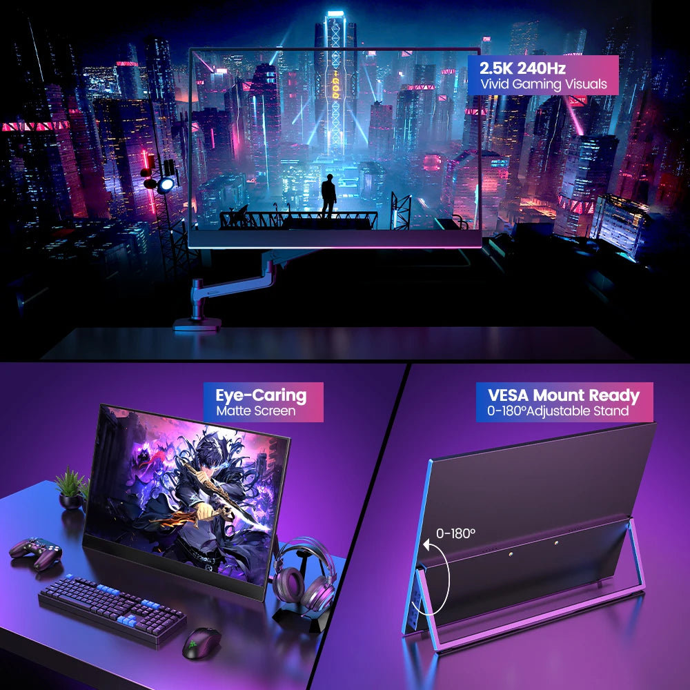 UPERFECT UGame J5 2.5K 240Hz Gaming Monitor 16" Portable Display 100%sRGB w/HDMI USB C For PS5 Steam Deck Switch XBOX Laptop PC