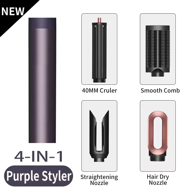 Purple 4-in-1 hair dryer styler set with curling barrel, smooth comb, straightening nozzle, and blow dry attachment.