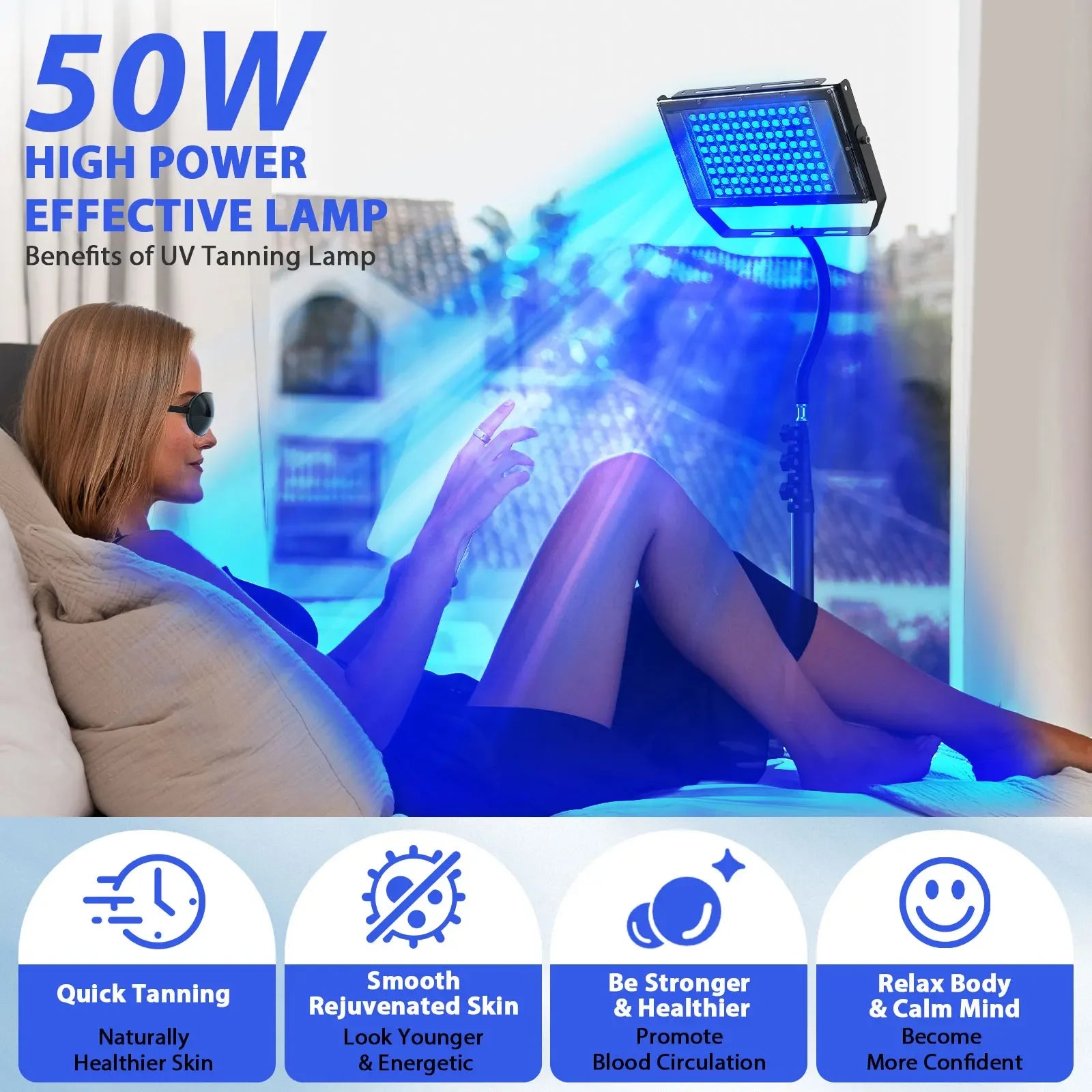 UV Solarium Lamp for Tanning Body Adjustable Stand，460nm&480nm Purple Light Ultraviolet Tanning Device for Skin Care Tanning