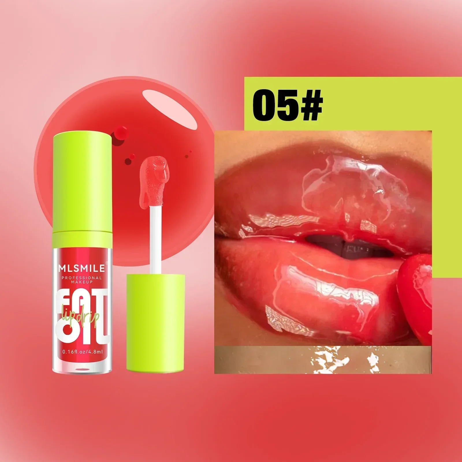 Moisturizing lip plumper gloss in 05#, featuring a shiny, transparent red liquid texture for high-gloss, hydrated lips.