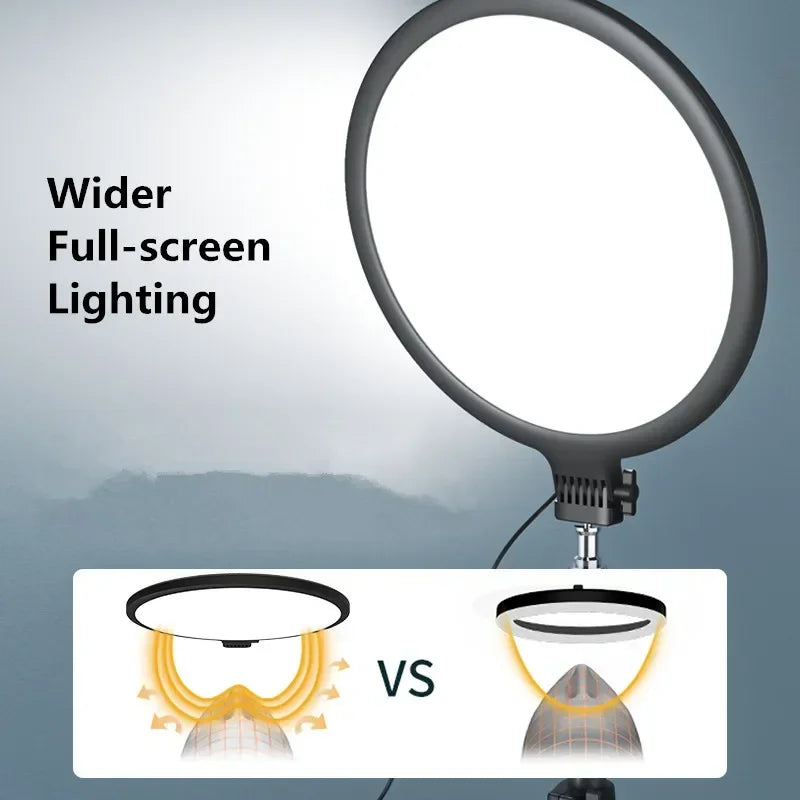 Large black circular LED ring light providing wide, even illumination for photography and video content creation.