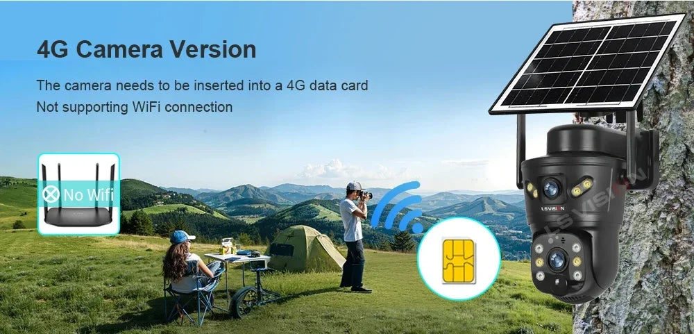 LS VISION Dual-Screen 4G/Wifi Outdoor Solar Camera Security 4K PIR Human Tracking CCTV Surveillance Camera V380 Pro Waterproof