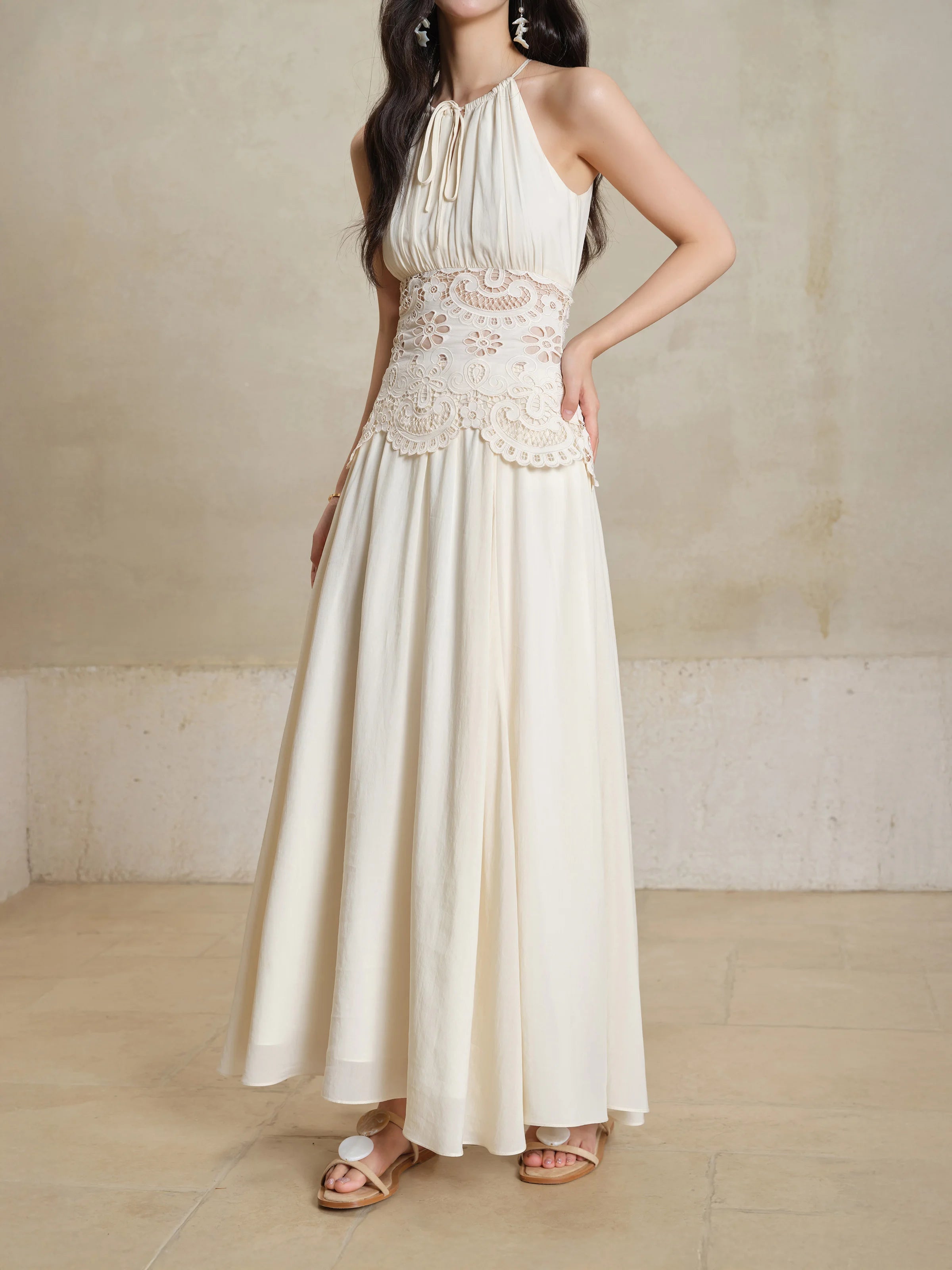 Lace Halter Maxi Dress Women Summer A-Line Slim Fit French Style Elegant Long Dress Hollow Out Sleeveless Fake Two-Piece Outfit