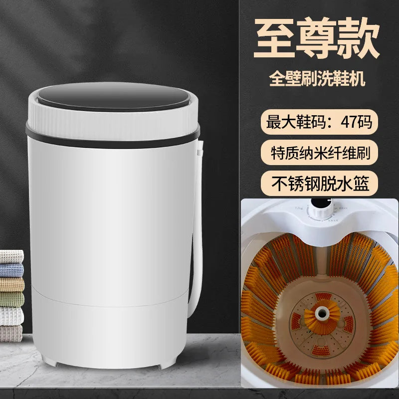 Automatic shoe washing machine, white body with black top lid and orange brush drum insert