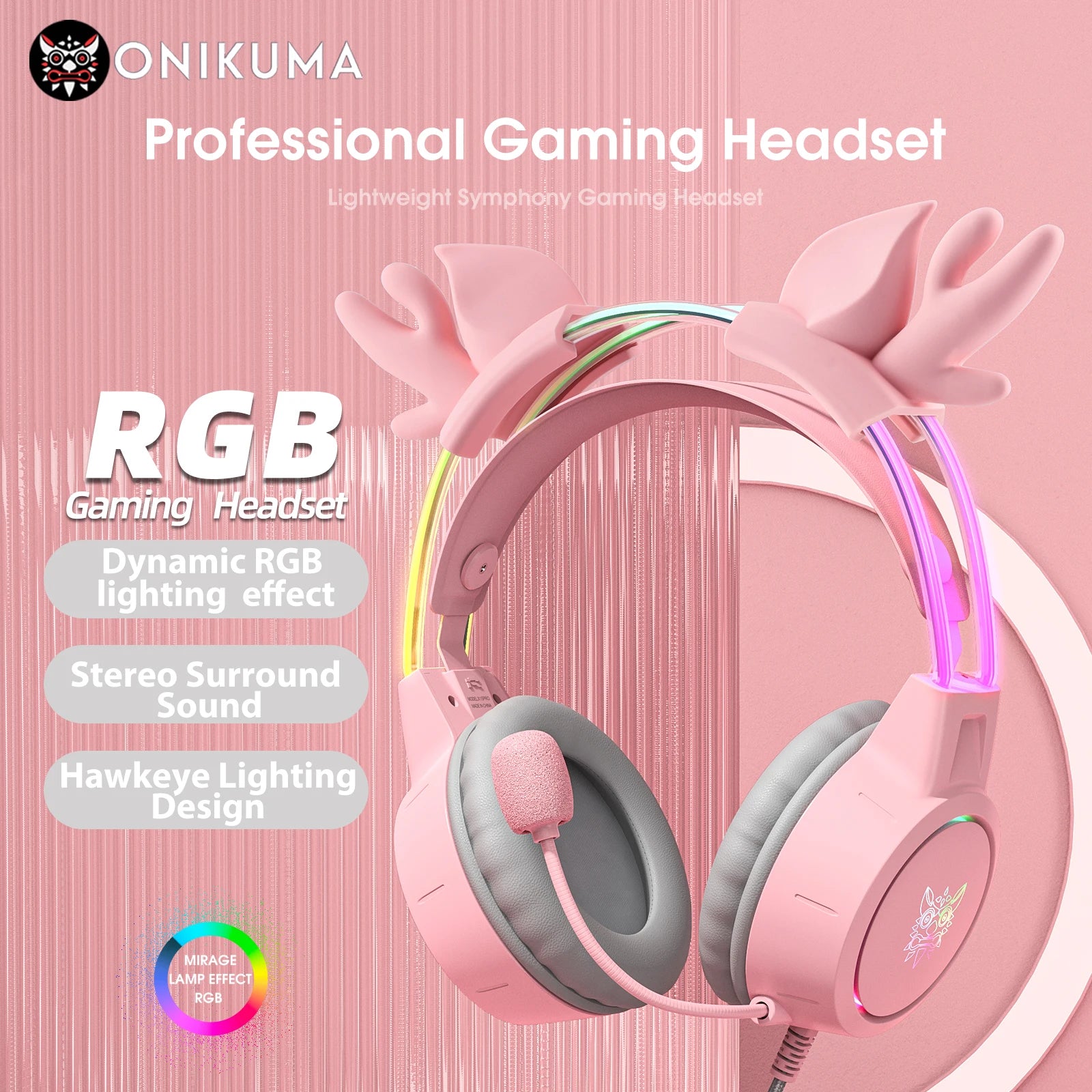 Pink Gaming Headphones with Cat Ears, RGB Mic, and Low Latency Audio Tidesmit