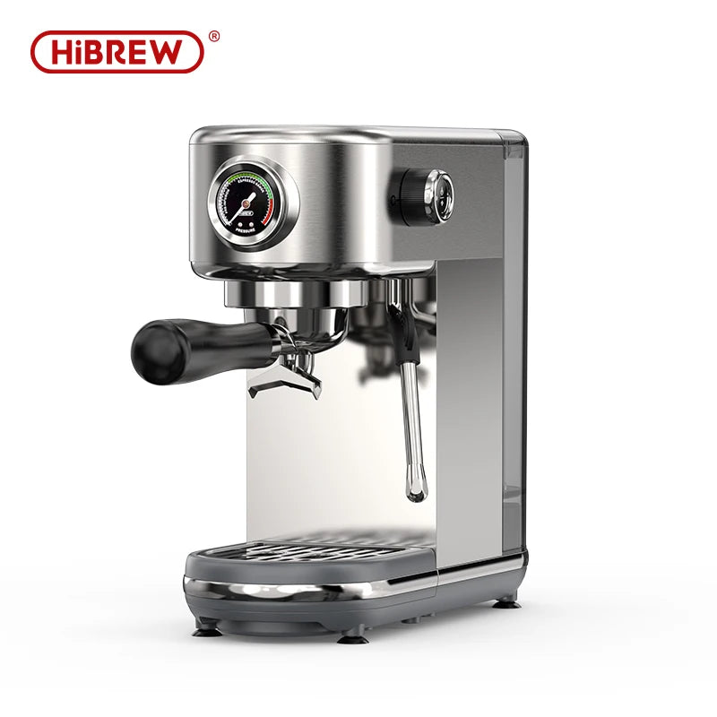 HiBREW stainless steel espresso machine with integrated pressure gauge, portafilter, and steam wand for home barista.