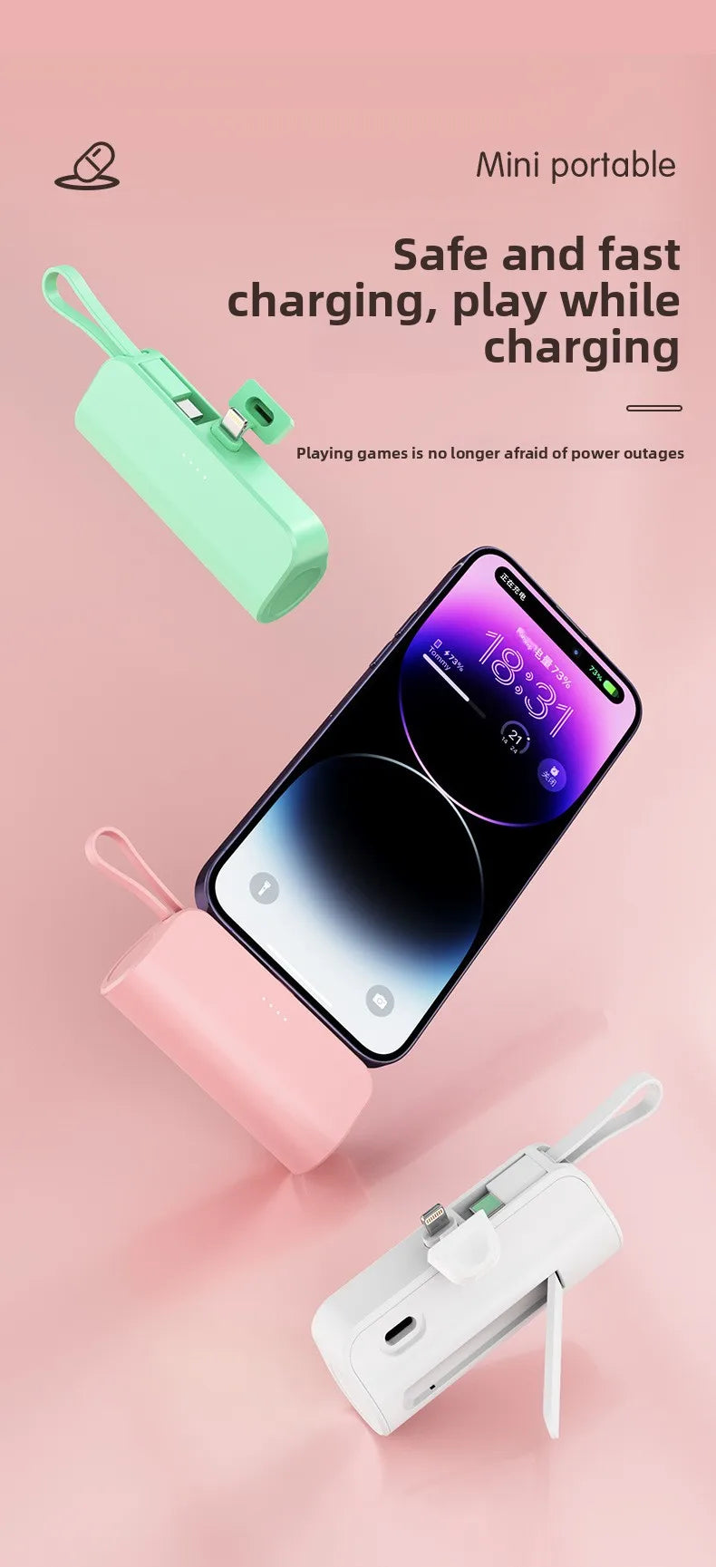 Portable Charger 5000mAh with Built-in Cable - Compact Fast Power Bank Tidesmit