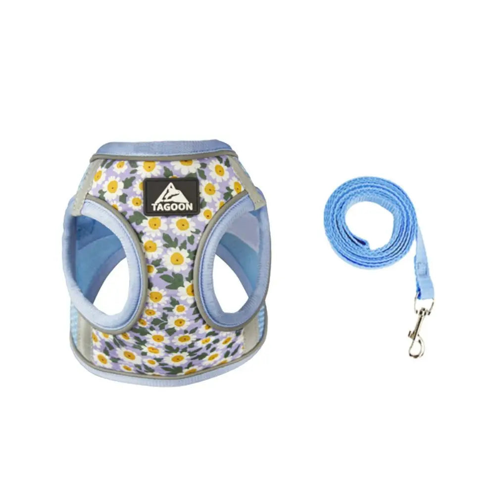Floral anti-escape dog and cat harness set with reflective mesh, adjustable strap, and leash for small pets.