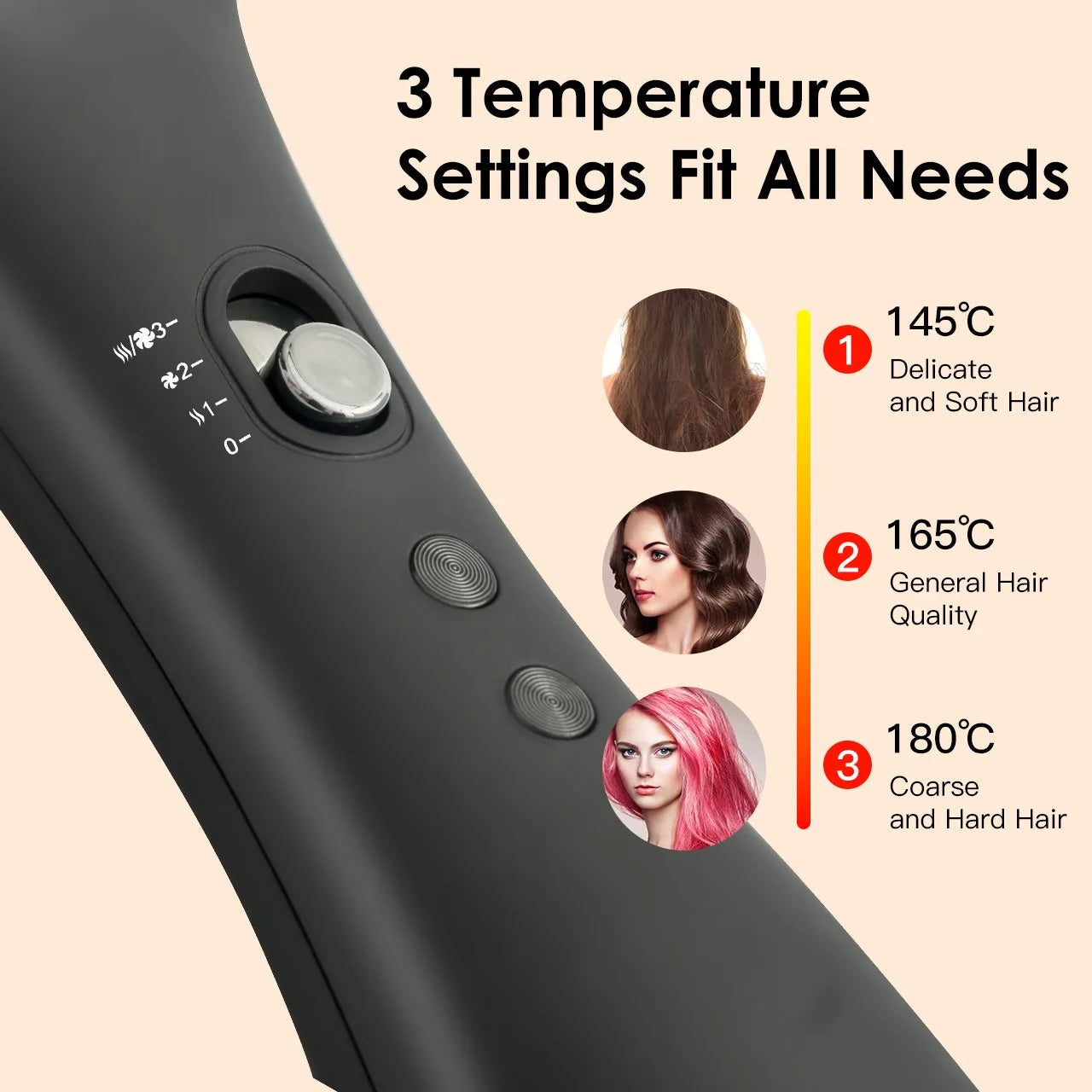 Black Hatteker hot air styling brush featuring 3 adjustable temperature settings for straight or curly hair styling.