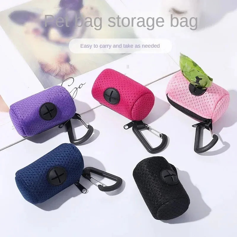 Colorful mesh dog poop bag dispensers with carabiners for easy, hands-free attachment during pet walks.