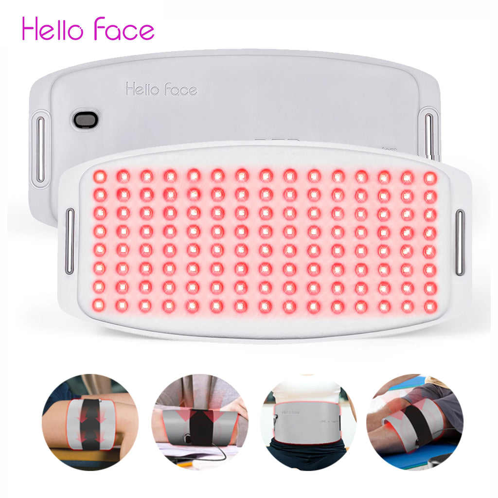 Hello Face L6 LED red light therapy panel in white with grid of red lights and circular application examples below.
