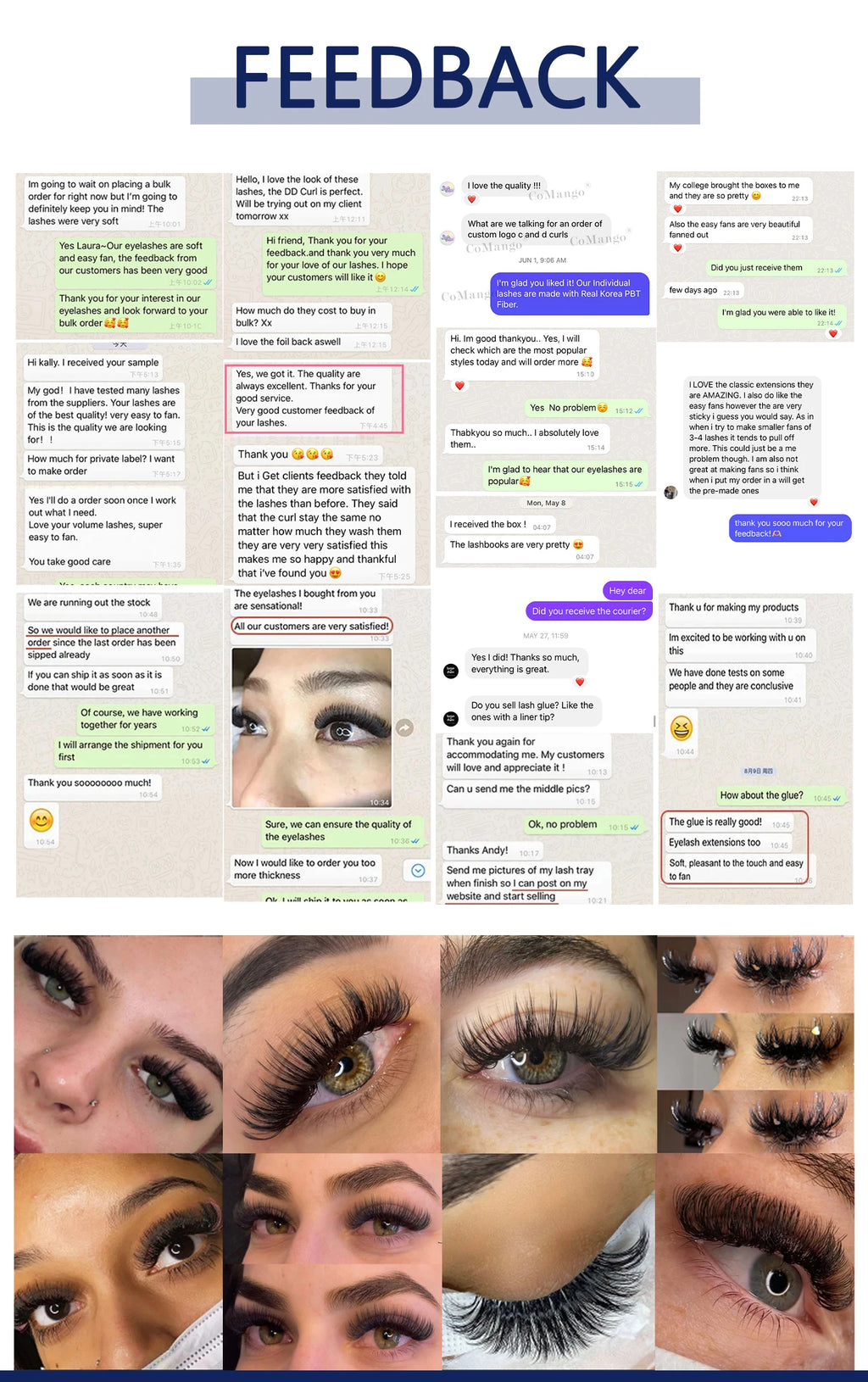 Collage of customer text message reviews and close-up photos of long, dark, wispy artificial eyelash extensions.
