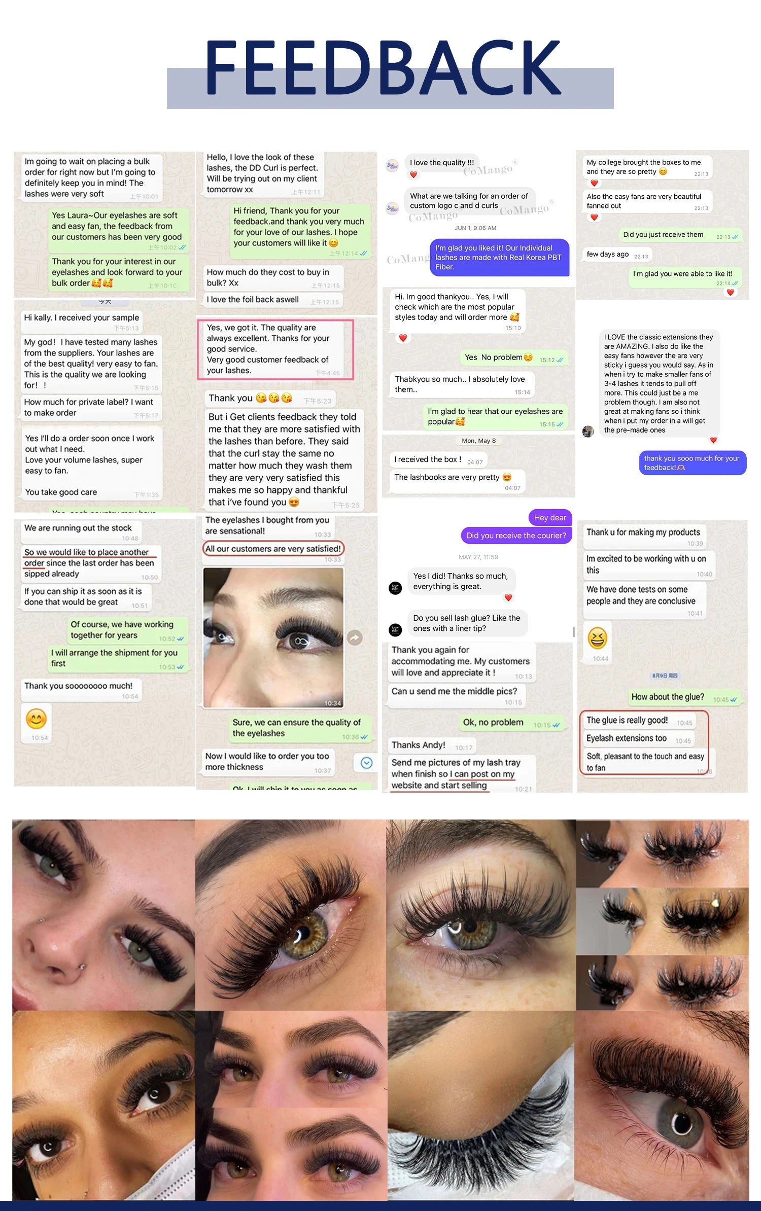 Collage of customer text message reviews and close-up photos of long, dark, wispy artificial eyelash extensions.