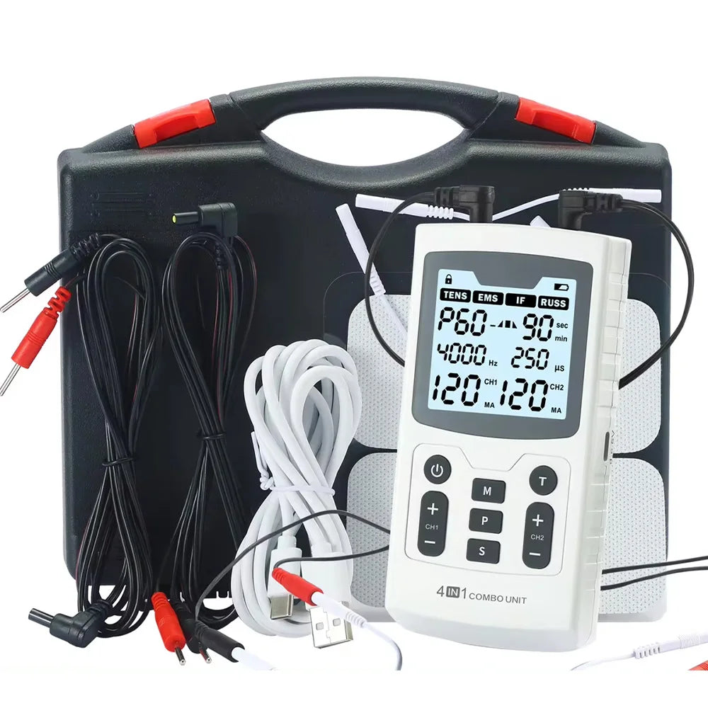 White 4-in-1 TENS/EMS combo unit with digital display, electrode pads, cables, and a black carrying case for pain
