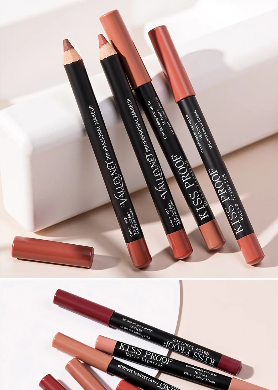 Set of 4 waterproof wooden matte lipsticks in nude and brown shades with long-lasting velvet finish.
