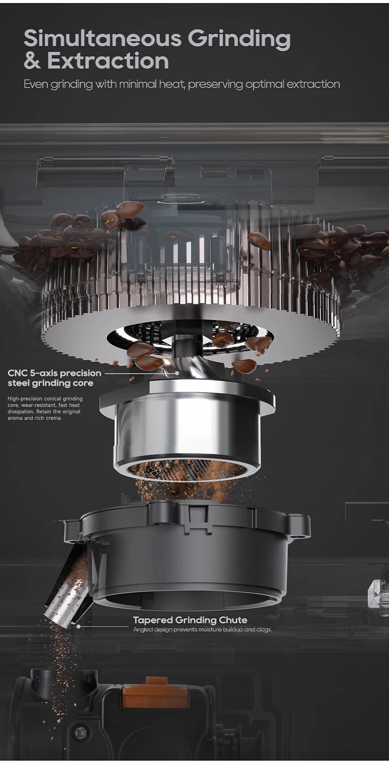 CNC 5-axis precision steel conical grinding core for coffee maker featuring tapered anti-clog chute design.