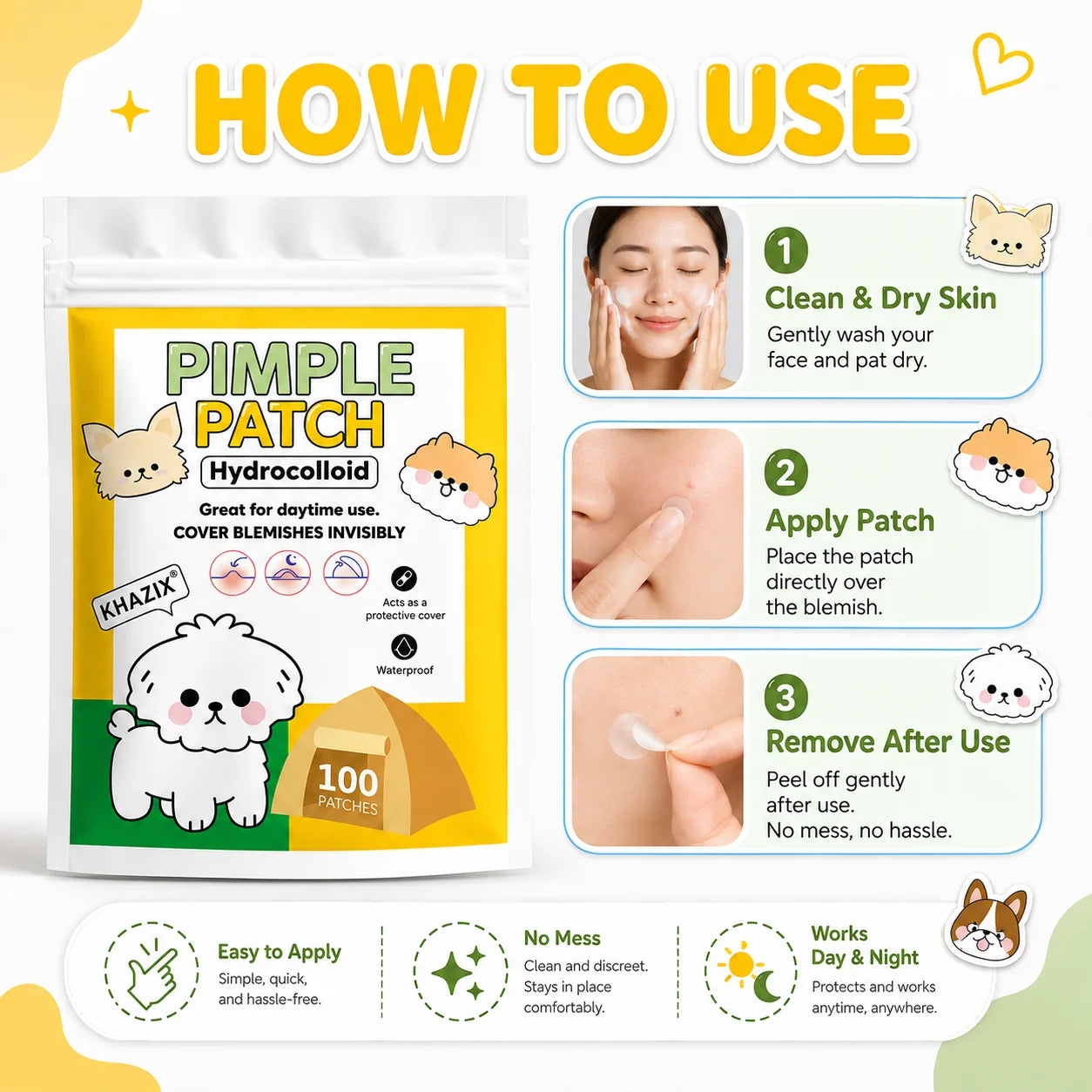 20pcs Cute Dog Pimple Patches / Face / Acne Spot Covers / Blemishes / Pimple Marks / Unisex.