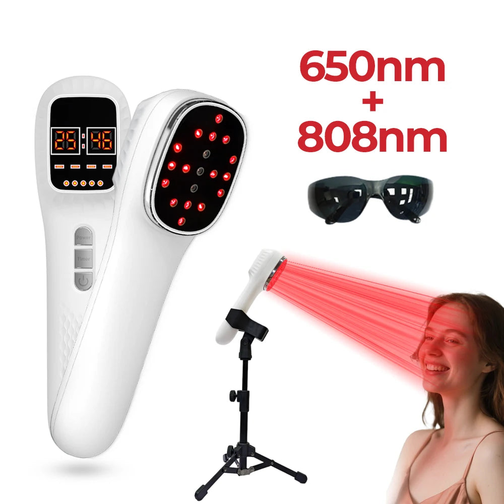 White handheld red light therapy device, protective glasses, and a tripod, showing light applied to a person's face.