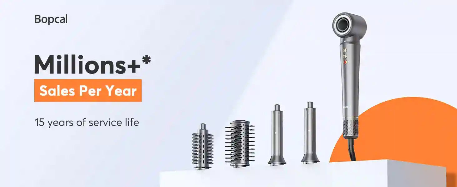 Bopcal 5-in-1 grey hair dryer set with hot air brush, curling iron attachments, and 1200W high-speed styling motor.