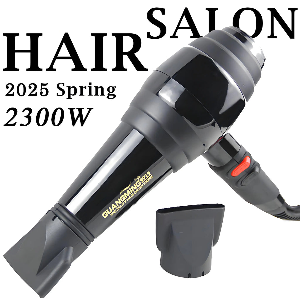 Black 2300W professional salon hair dryer with speed settings and two air-collecting nozzles for styling.