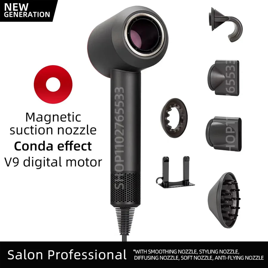 Black 5-in-1 ionic hair dryer with digital motor, magnetic styling nozzles, diffuser, and professional salon design.