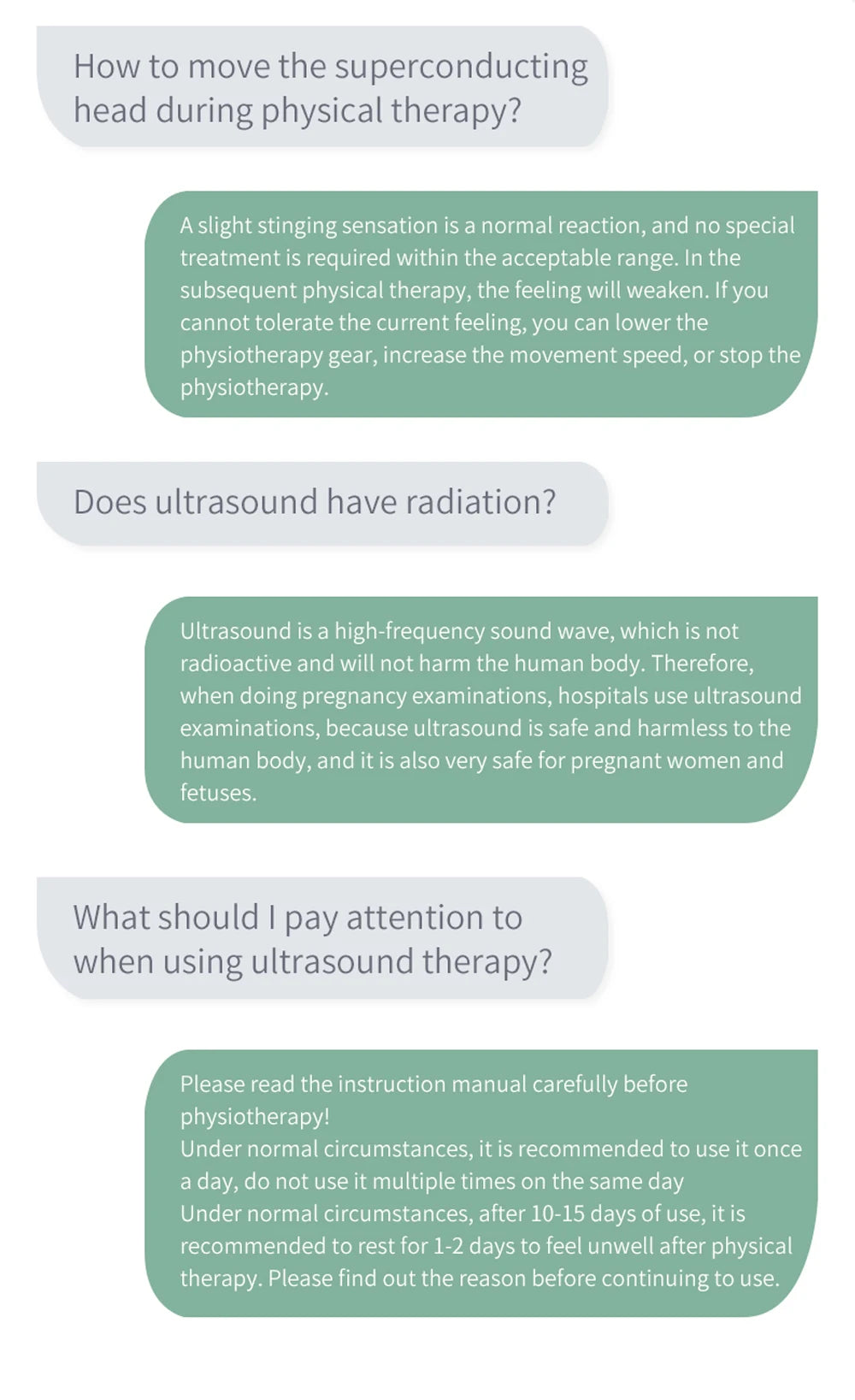 Informational FAQ chart for home ultrasound physiotherapy device, explaining usage tips and safety for pain relief.