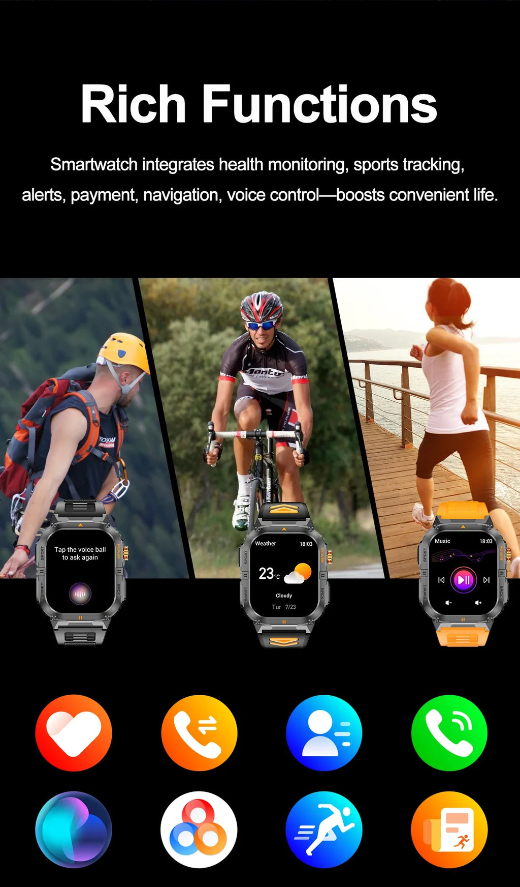 Hot Sell Gifts 2026 New Military SmartWatch Men Outdoor Sports IP68 Waterproof  LED Bluetooth Call Health Monitoring Men Women