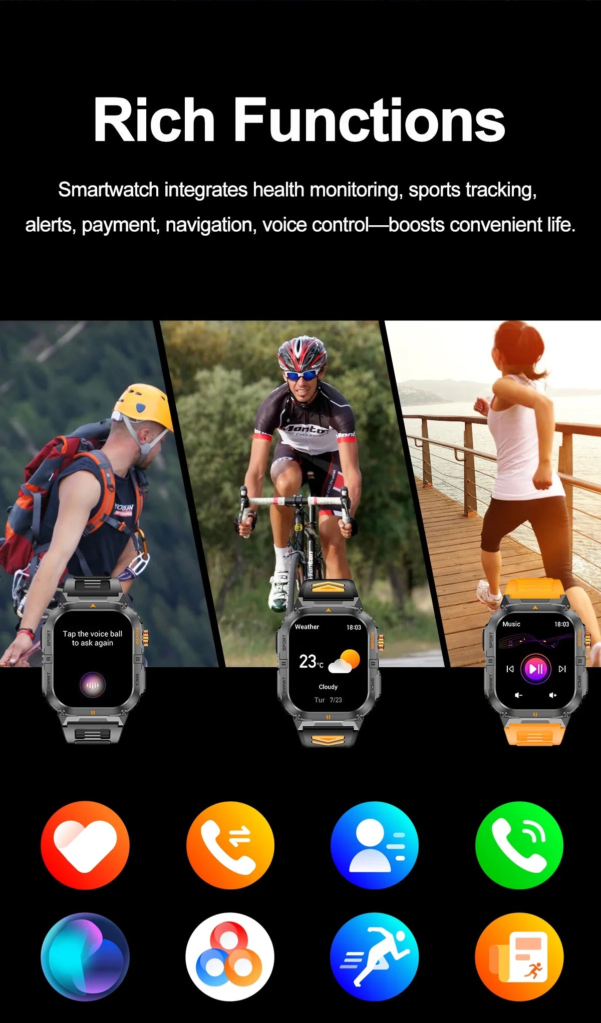 Hot Sell Gifts 2026 New Military SmartWatch Men Outdoor Sports IP68 Waterproof  LED Bluetooth Call Health Monitoring Men Women