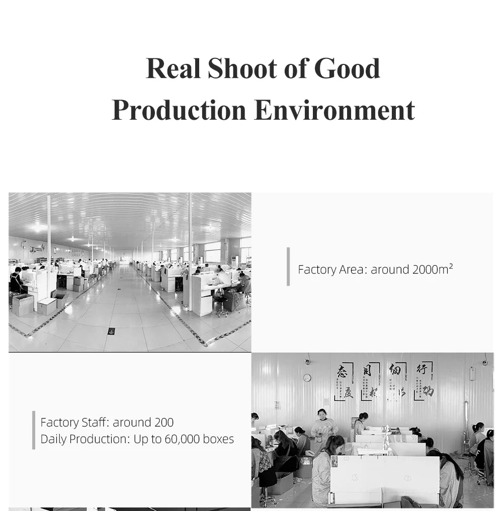 Wide-angle black and white view of a 2000-square-meter manufacturing facility with staff working at assembly stations.