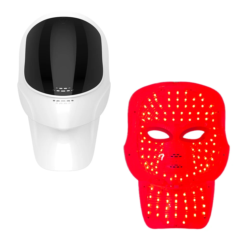 White and red LED light therapy face and neck mask with skin rejuvenation features, shown powered off and glowing red.