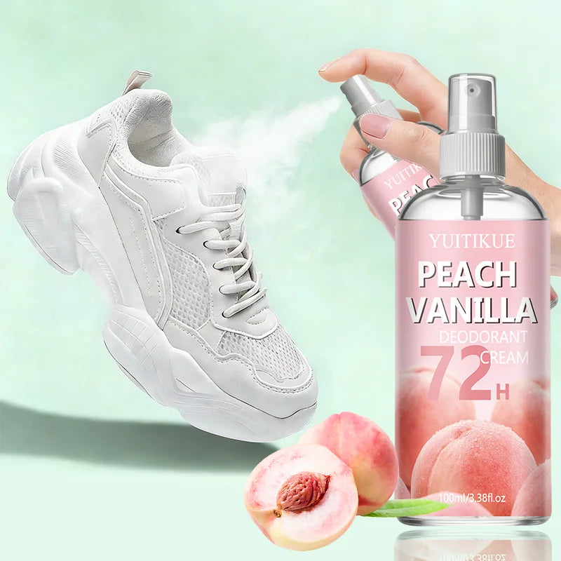 Tidesmit Peach Vanilla 72H long-lasting deodorant spray for feet and shoes, eliminating odors with a fresh scent.