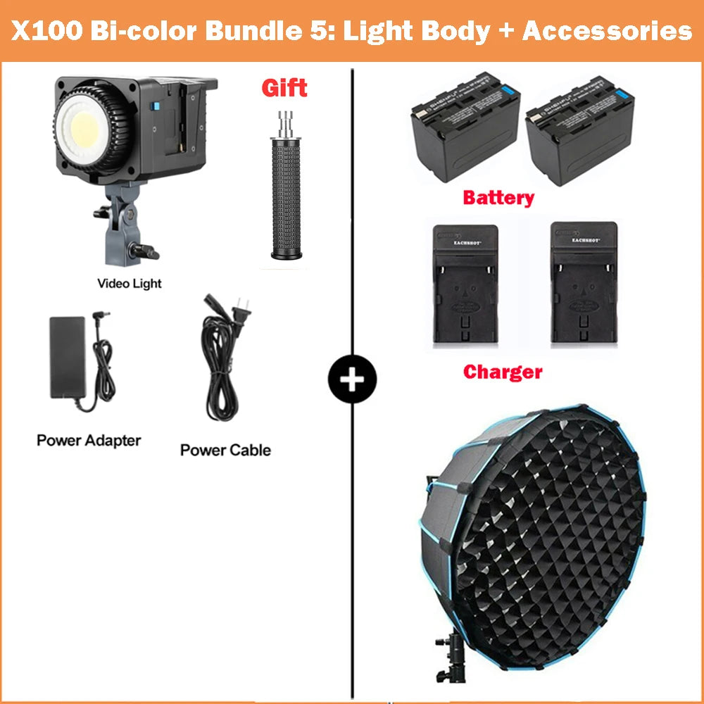 100W Bi-Color LED Video Light with Bowens Mount - Tidesmit Professional X100 Bicolor Kit 5 Tidesmit