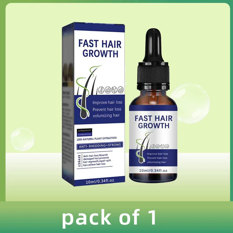Fast Hair Growth essence bottle and matching white and blue box on a light green background.