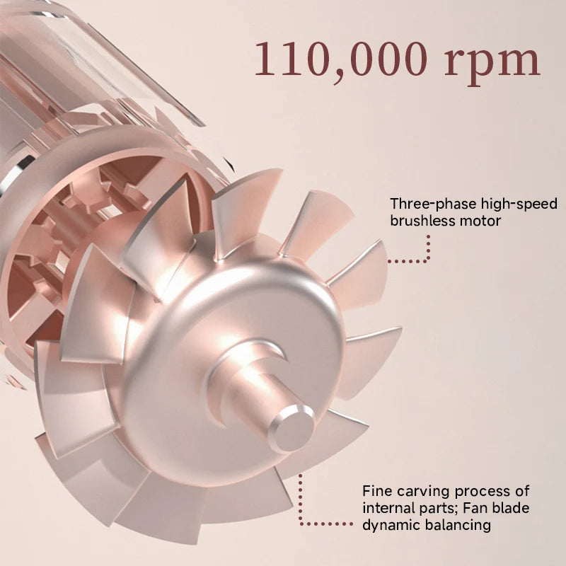 DOCO high-speed hair dryer 110k RPM brushless motor detail in rose gold with precision balanced fan blade design.