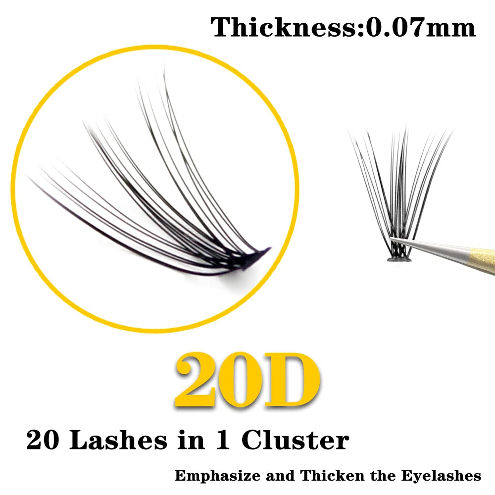 Black 20D mink lash extension cluster, 0.07mm thickness, held by tweezers for a natural 3D volume effect.