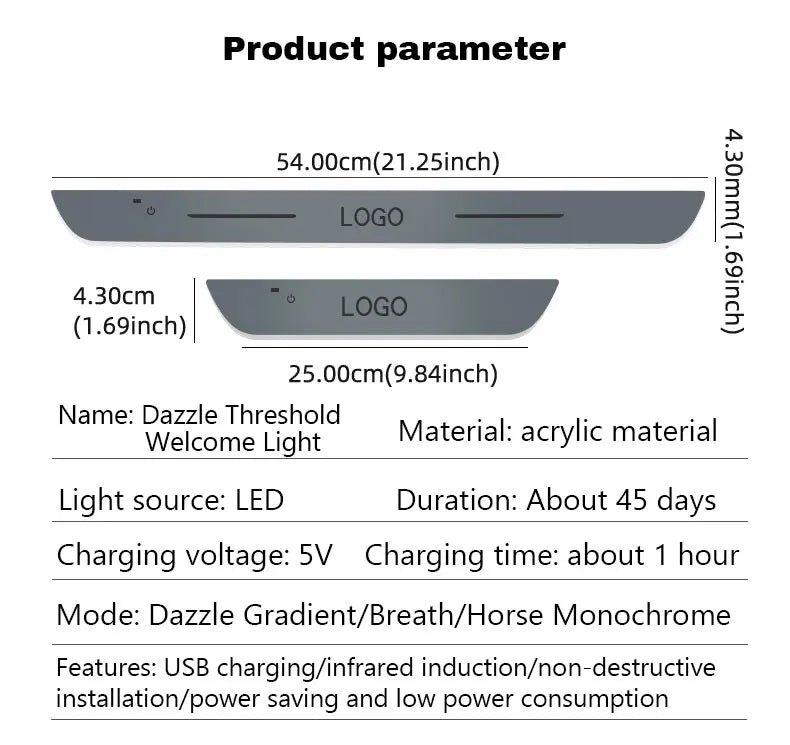 Dazzle Threshold Welcome Light: 25cm and 54cm acrylic LED strips with USB charging for car door sill illumination.