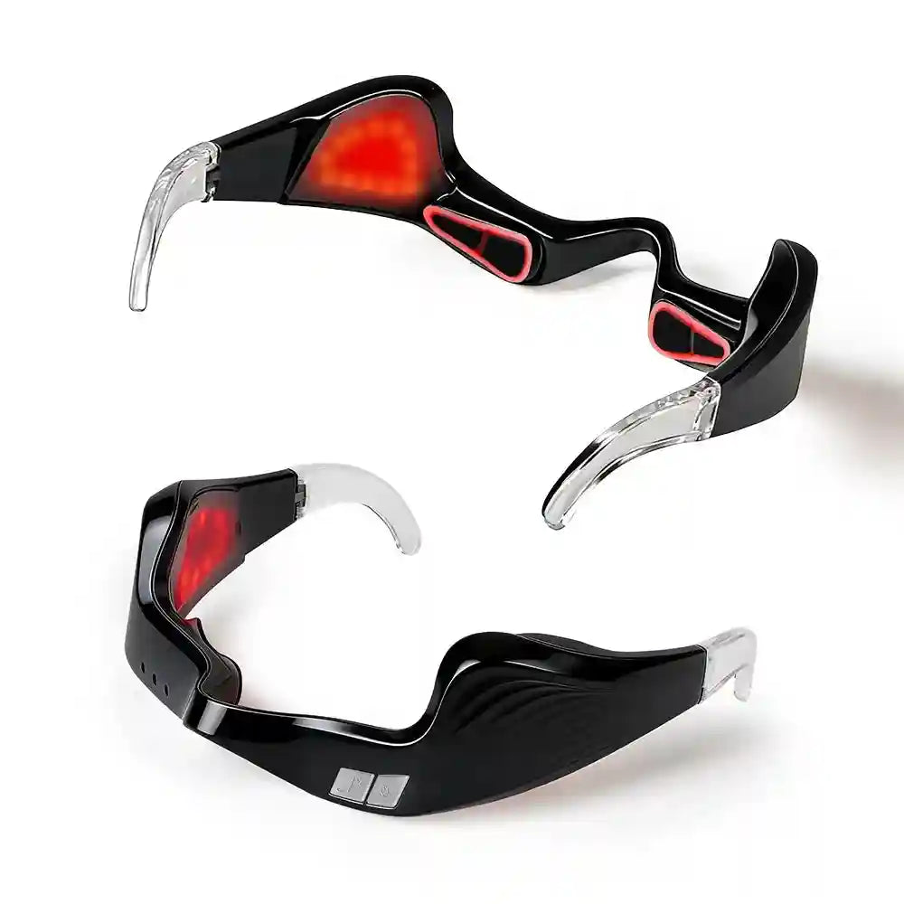 Black electric under-eye massager glasses with red light therapy for eye fatigue relief and spa-like eye care.