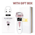 White and rose gold handheld HIFU facial device with digital screen, buttons, EU plug adapter, manual, and gift box.