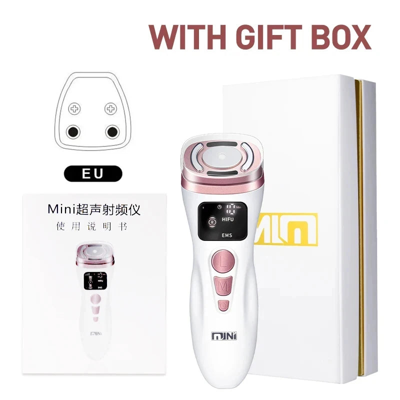 White and rose gold handheld HIFU facial device with digital screen, buttons, EU plug adapter, manual, and gift box.
