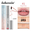 Lakerain Rose Pink peel-off tattoo lip liner with doe-foot applicator, showing matte lip color and arm swatches.