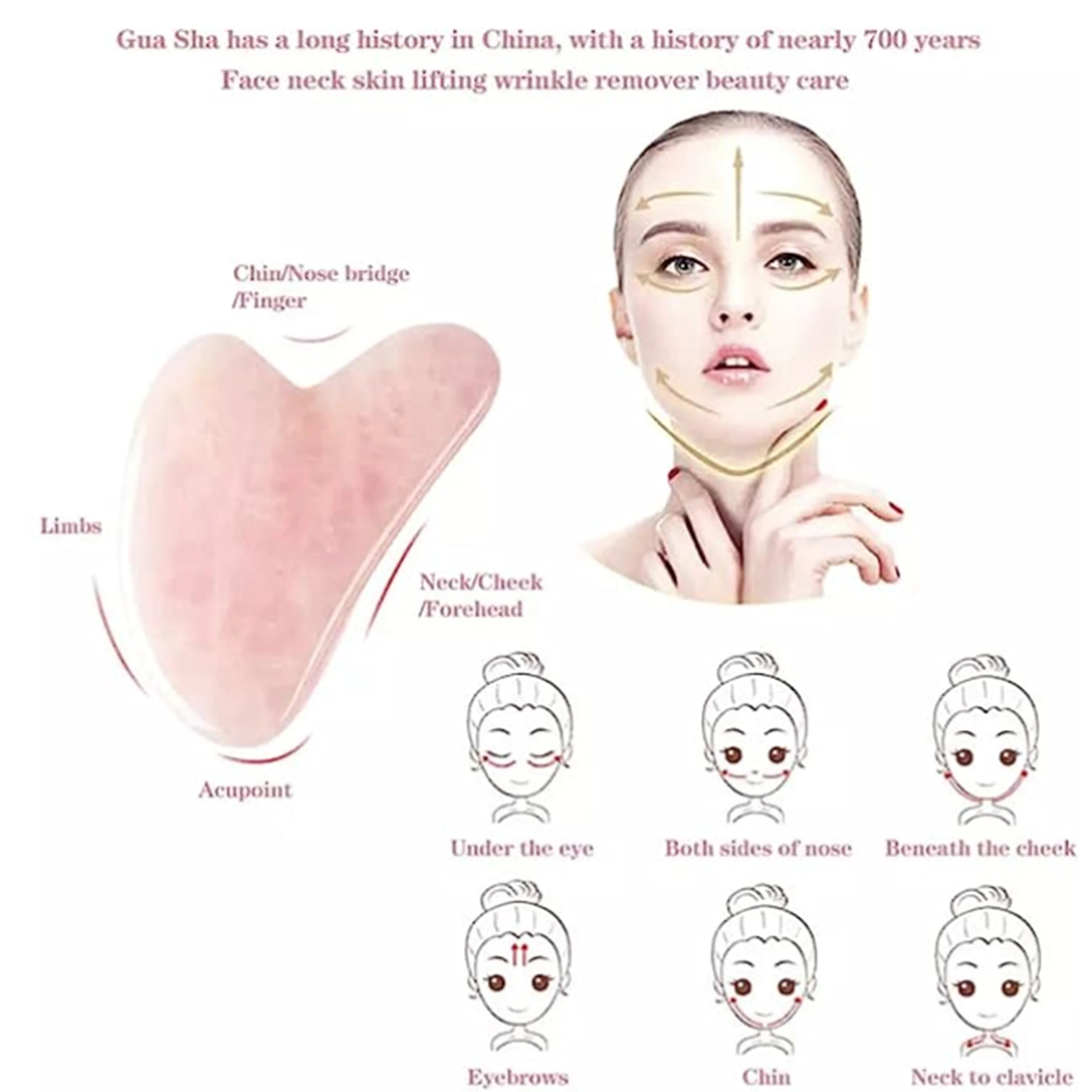 Heart-shaped rose quartz gua sha tool shown with an instructional diagram for facial massage techniques.