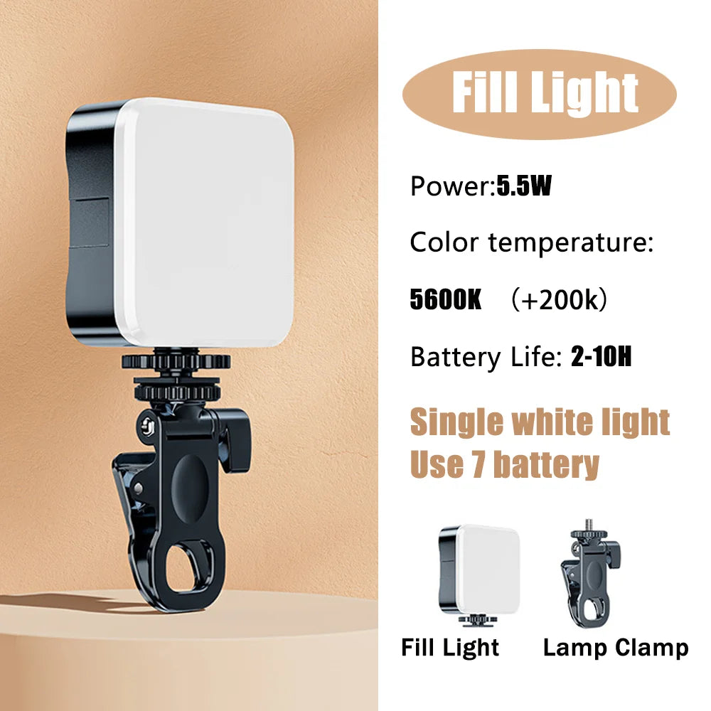 Square LED fill light with a black mounting clamp for photography and video, featuring 5600K color temperature.