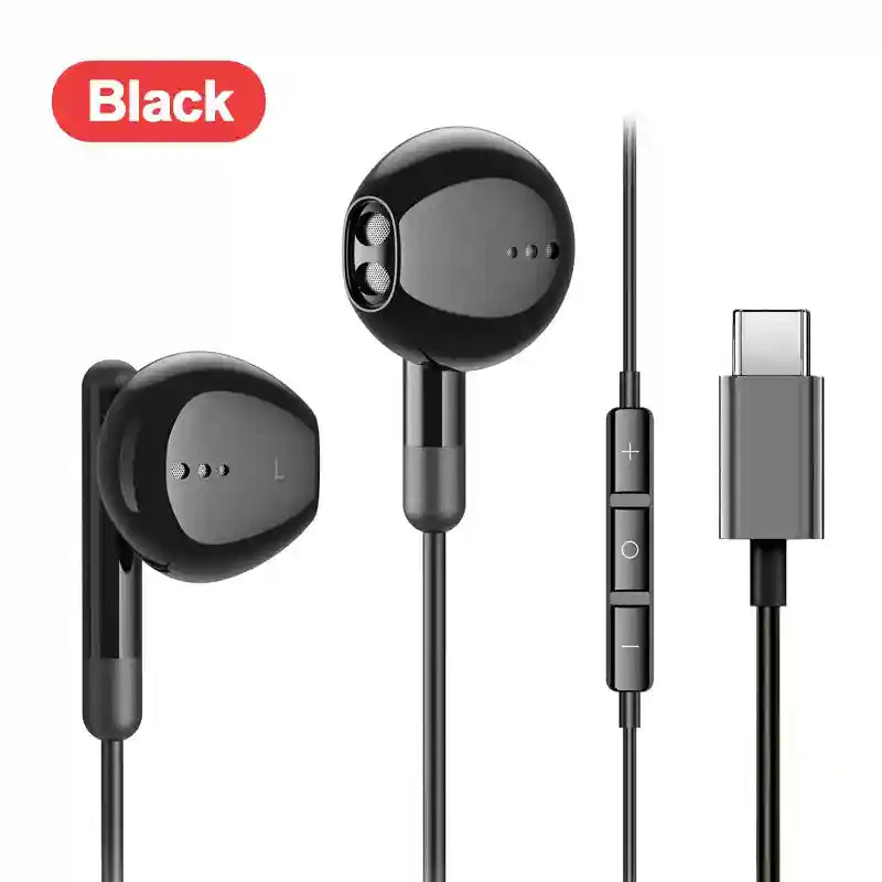 USB-C Wired Headphones for Samsung Galaxy S24 S23 - HiFi Stereo Audio Type C Black Tidesmit