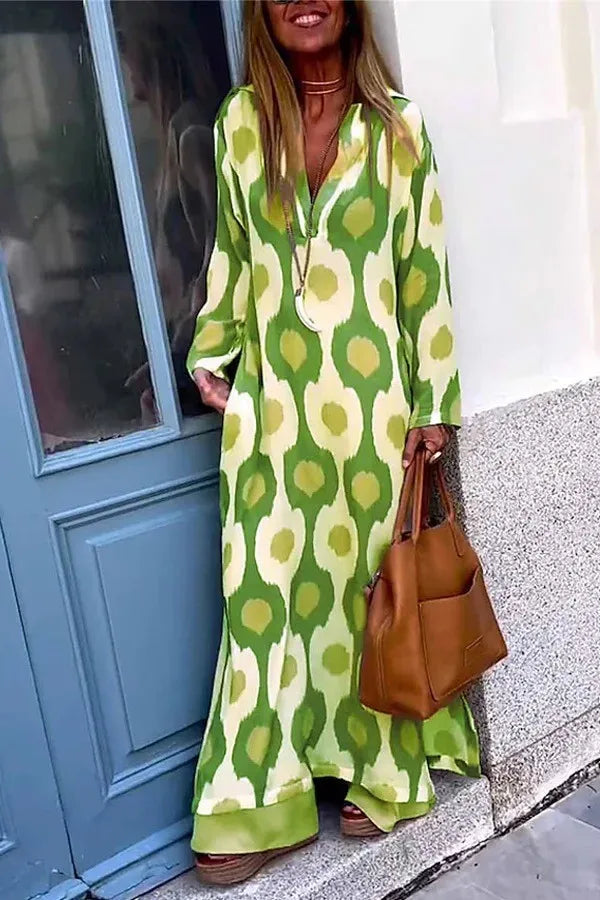 2024 Autumn Causal V NeckWomen Geometric  Maxi Dress  Long Sleeve Dresses Female Holiday Beach Boho Dress