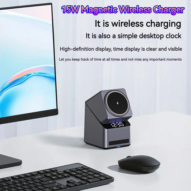 Magnetic wireless charger with circular pad and digital desk clock display, gray