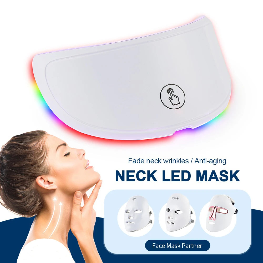 White curved LED neck mask with glowing edges, shown with a woman and examples of matching LED face masks.