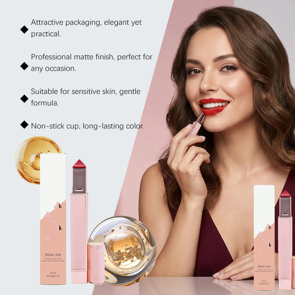 Model applying vibrant red glossy lip balm stick. Hydrating, plumping, long-lasting lipstick in elegant pink packaging.