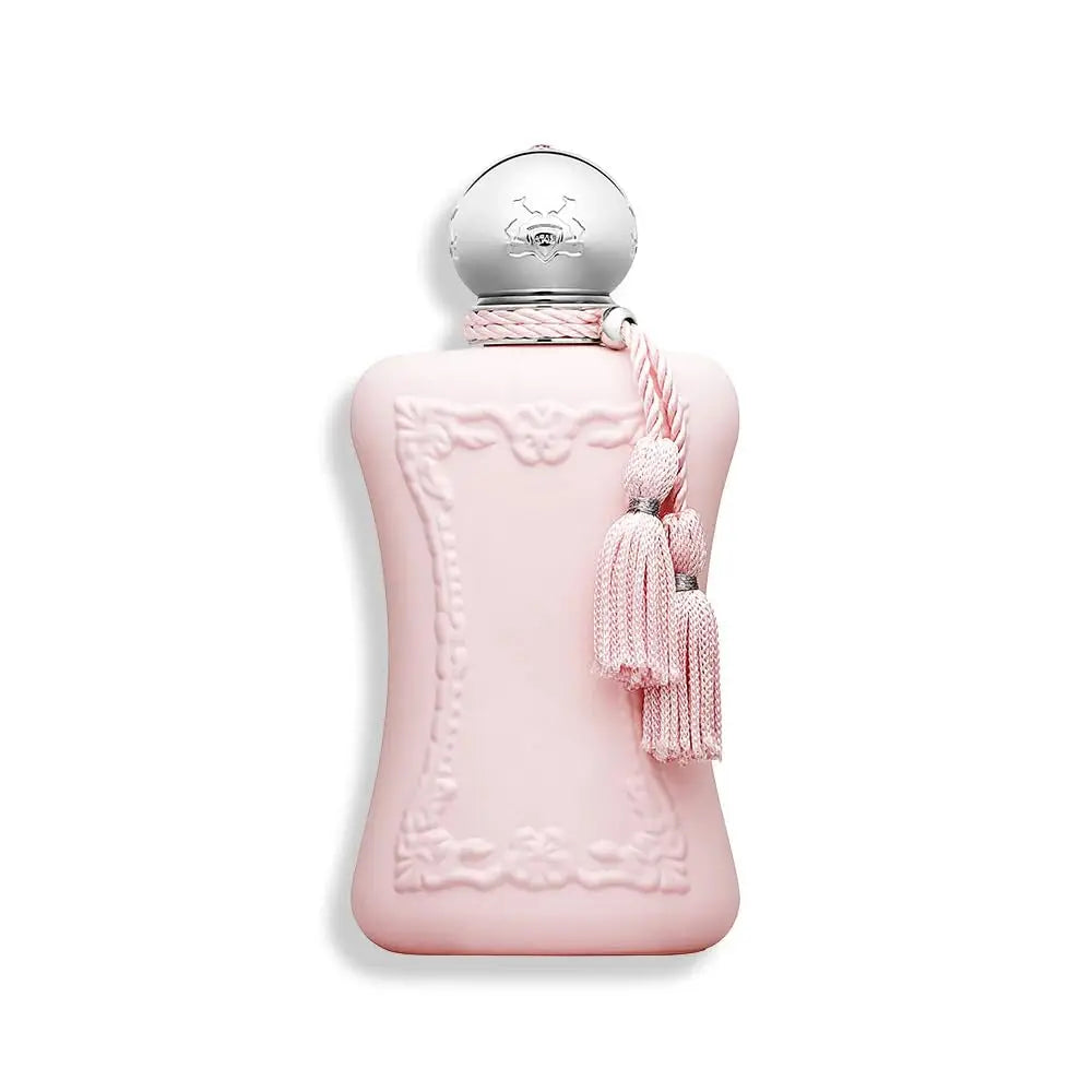Parfums de Marly Delina Eau de Parfum for women: elegant pink bottle with tassels, floral woody feminine fragrance.