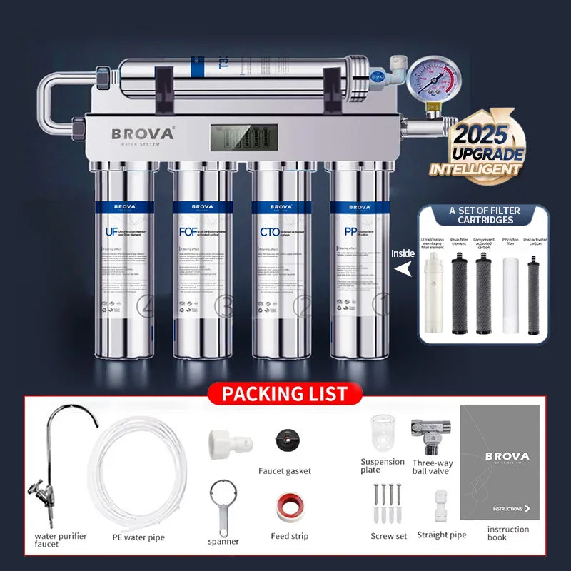 Stainless multi-stage water purifier system with faucet connection, gauge, and included parts