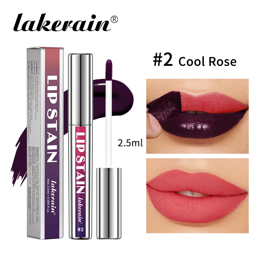 Lakerain Cool Rose peel-off lip stain with matte finish applicator and waterproof long-lasting rosy pink lip color.